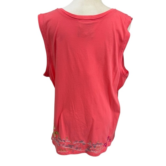 Johnny Was XS Embroidered Celina Tank Top Raw Edge V-Neck Peacock Floral Coral - Picture 10 of 13